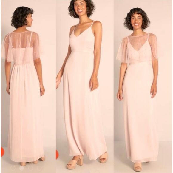 Little Mistress London Blush Pearl Chiffon Maxi Dress with Mesh Capelet US 6 NWT - Picture 4 of 7